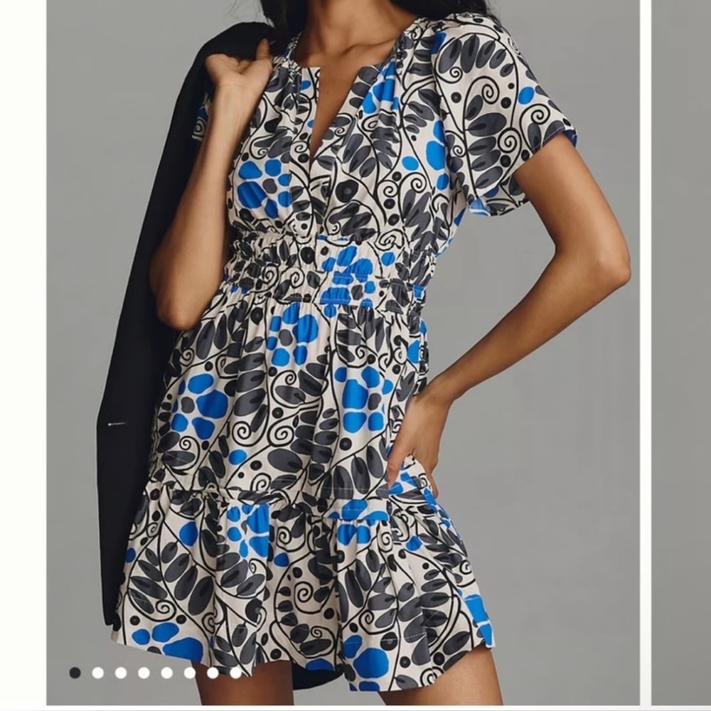 Anthropologie Somerset Dress Black, White & Blue Floral-Print Mini Dress